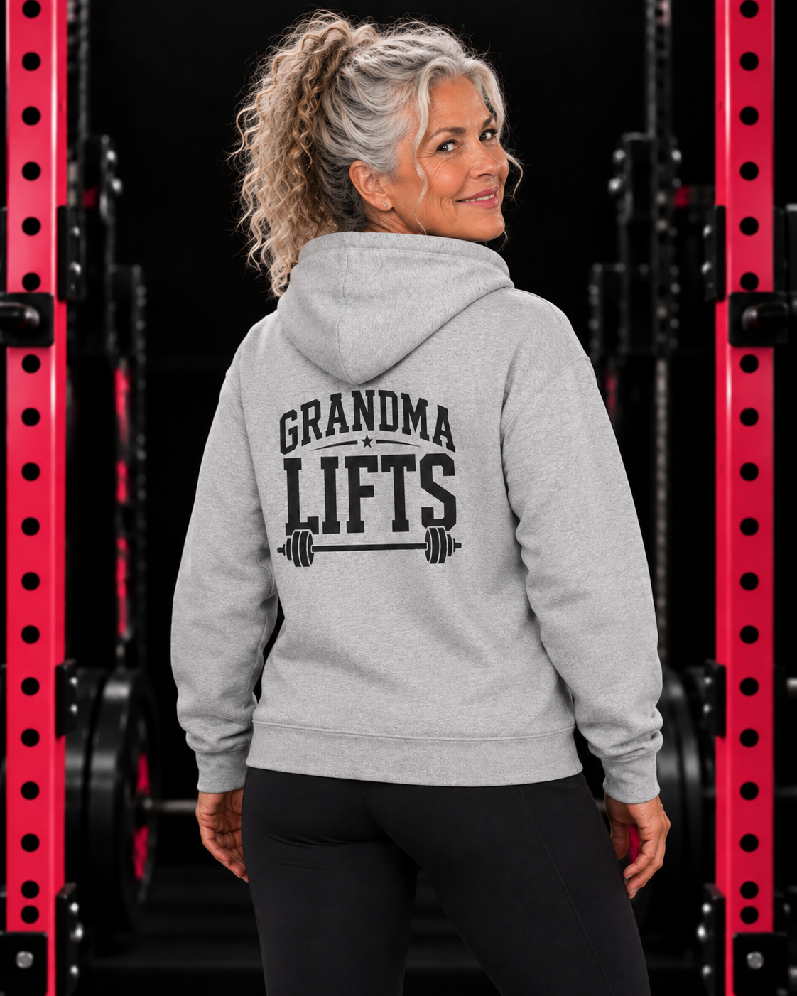 Grandma Lifts black back logo sport grey hoodie on mature woman