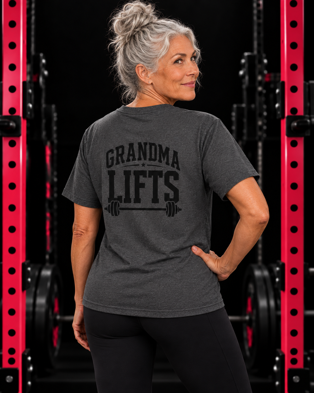 Grandma Lifts black back logo dark heather unisex tee on mature woman