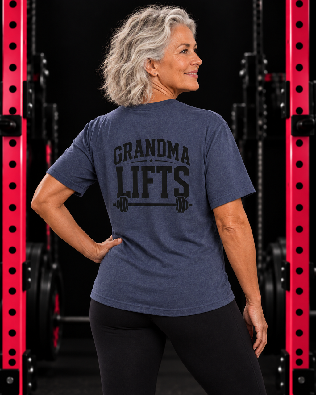 Grandma Lifts black back logo heather navy unisex tee on mature woman
