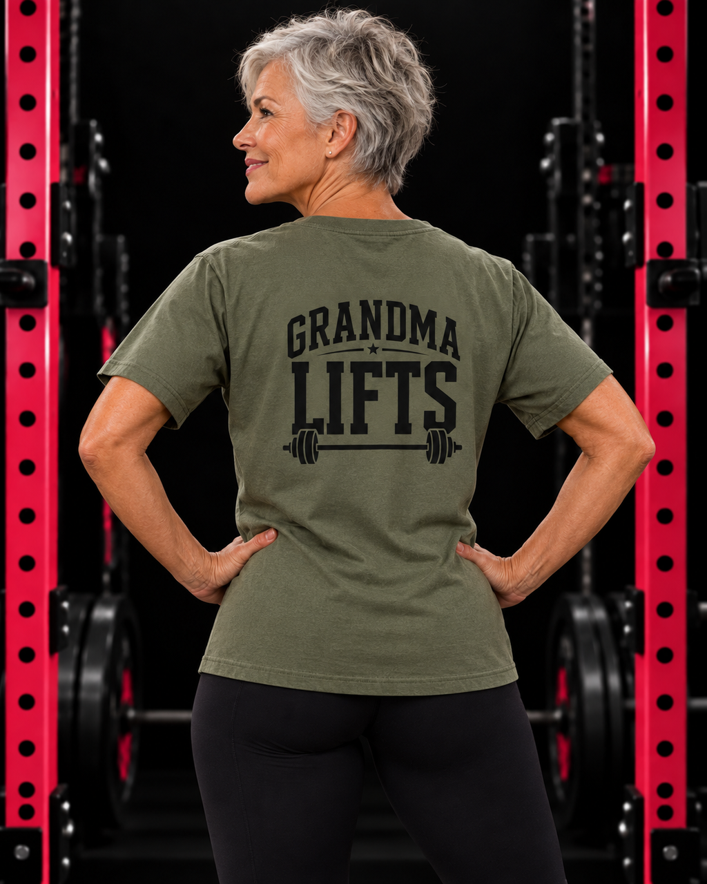 Grandma Lifts black back logo military green unisex tee on mature woman