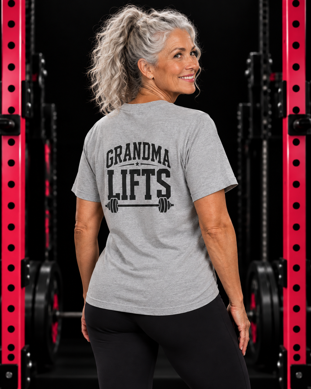 Grandma Lifts black back logo sport grey unisex tee on mature woman
