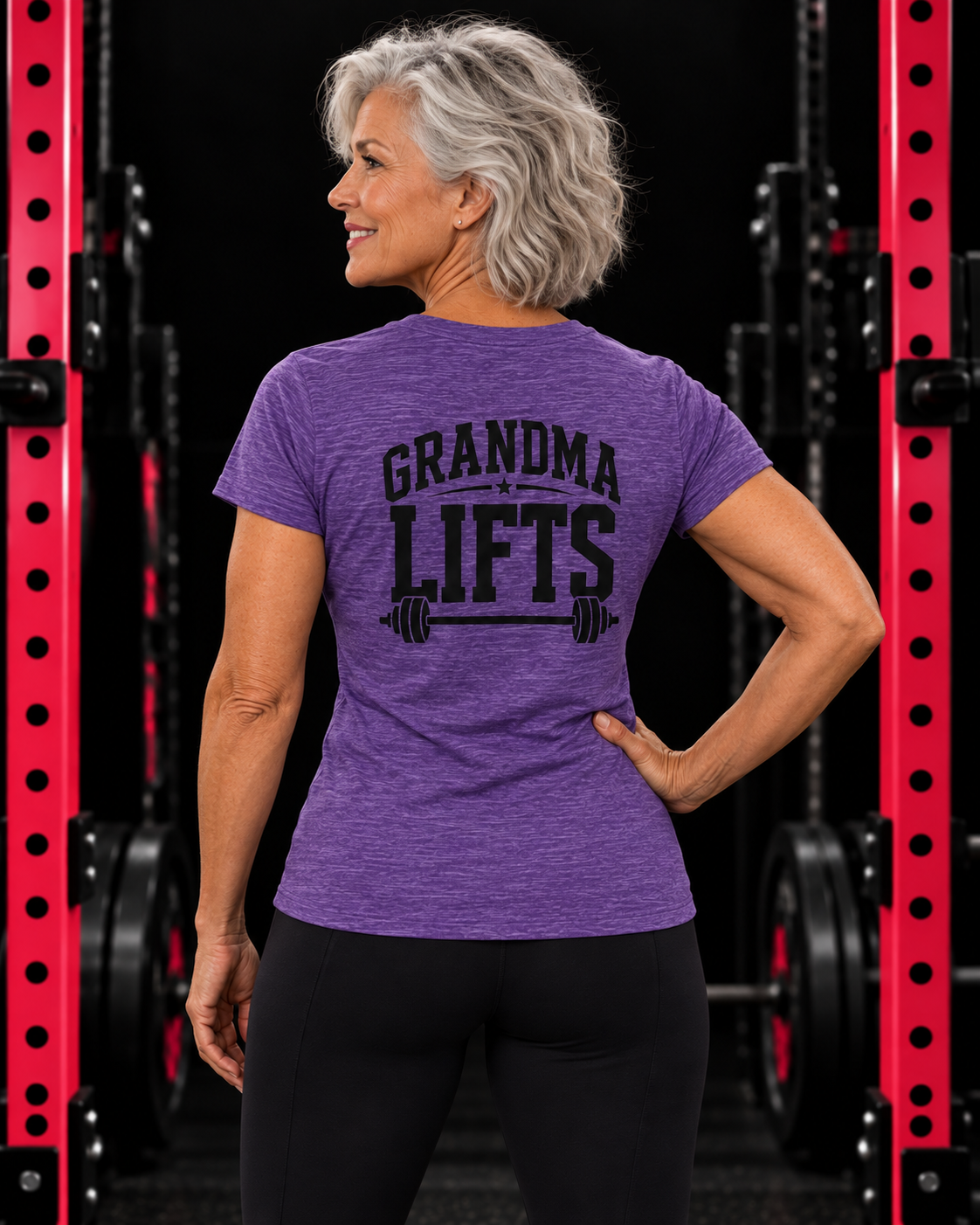 Grandma Lifts black back logo heather purple women's tee on mature woman