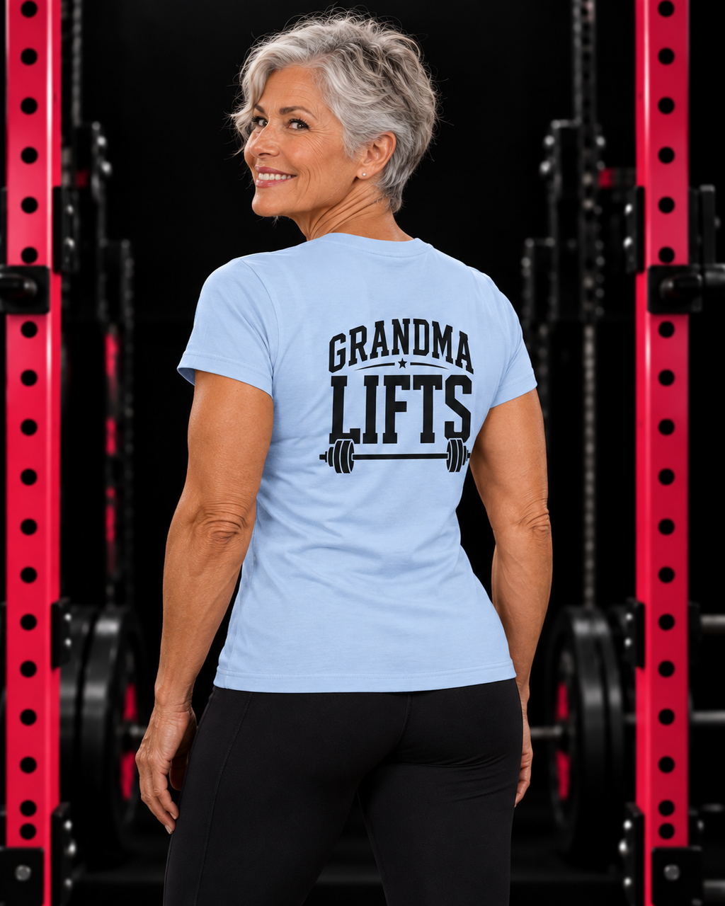 Grandma Lifts black back logo light blue women's tee on mature woman
