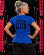 Grandma Lifts black back logo royal women's tee on mature woman