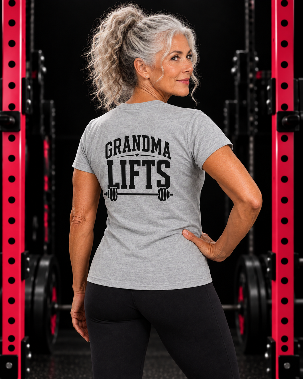 Grandma Lifts black back logo sport grey women's tee on mature woman