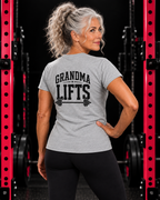 Grandma Lifts black back logo sport grey women's tee on mature woman