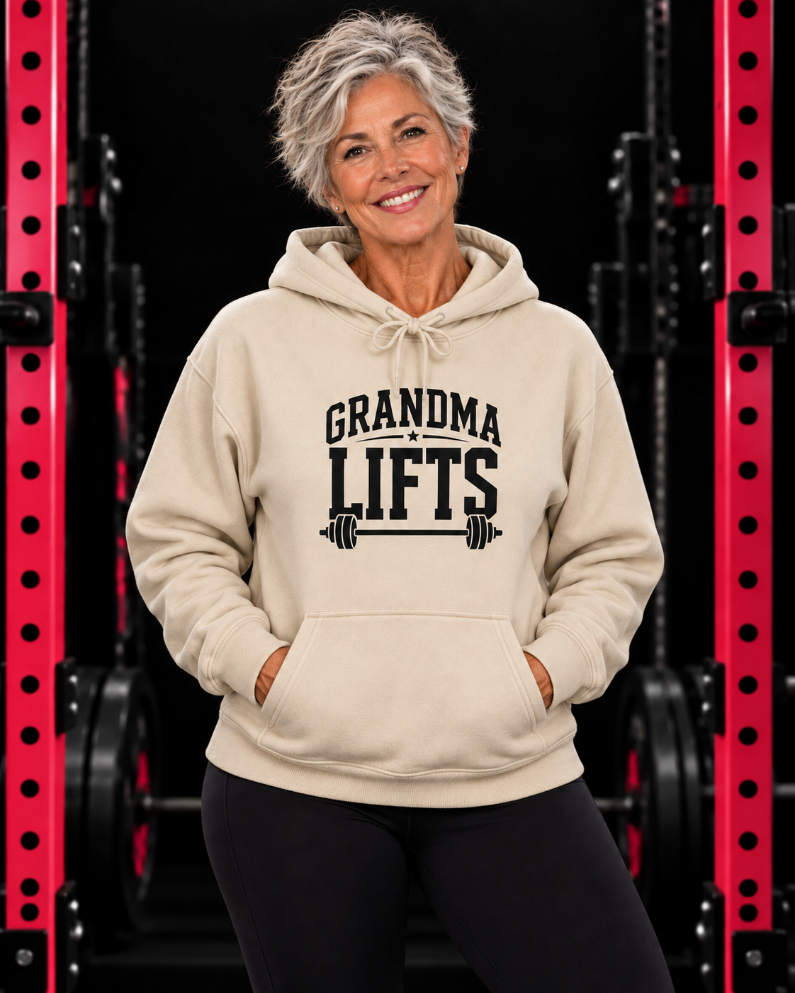 Grandma Lifts black front logo sand hoodie on mature woman in gym