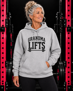 Grandma Lifts black front logo sport grey hoodie on mature woman in gym