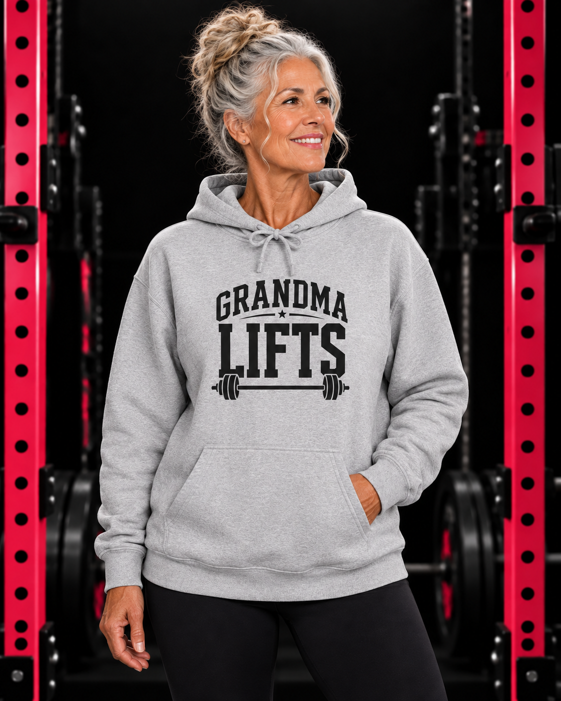 Grandma Lifts black front logo sport grey hoodie on mature woman in gym