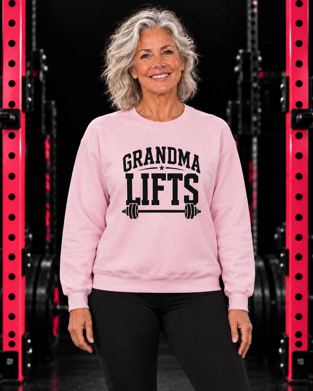 grandma crew light pink in black gym with pink racks