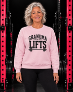 grandma crew light pink in black gym with pink racks