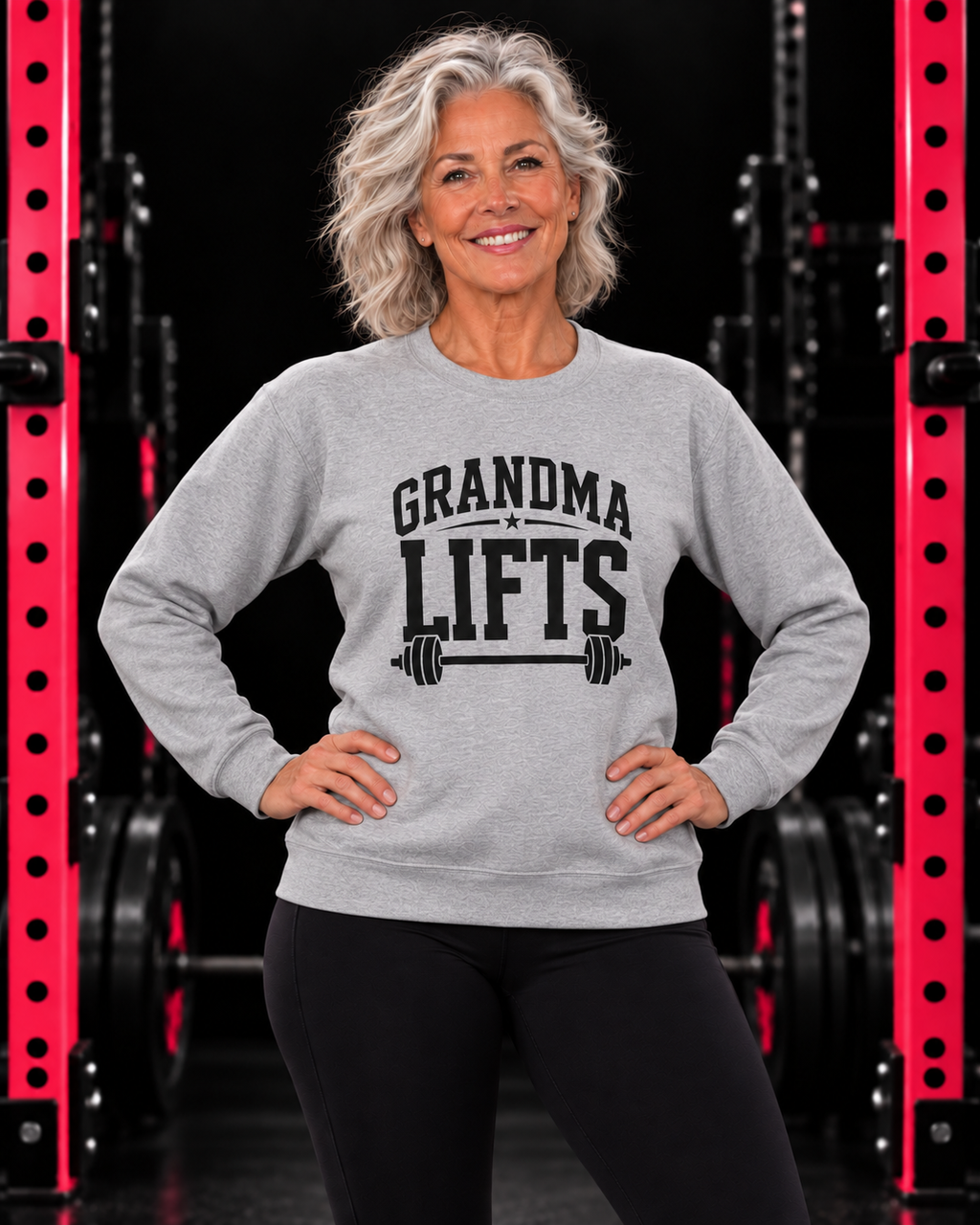 grandma crew sport grey in black gym with pink racks
