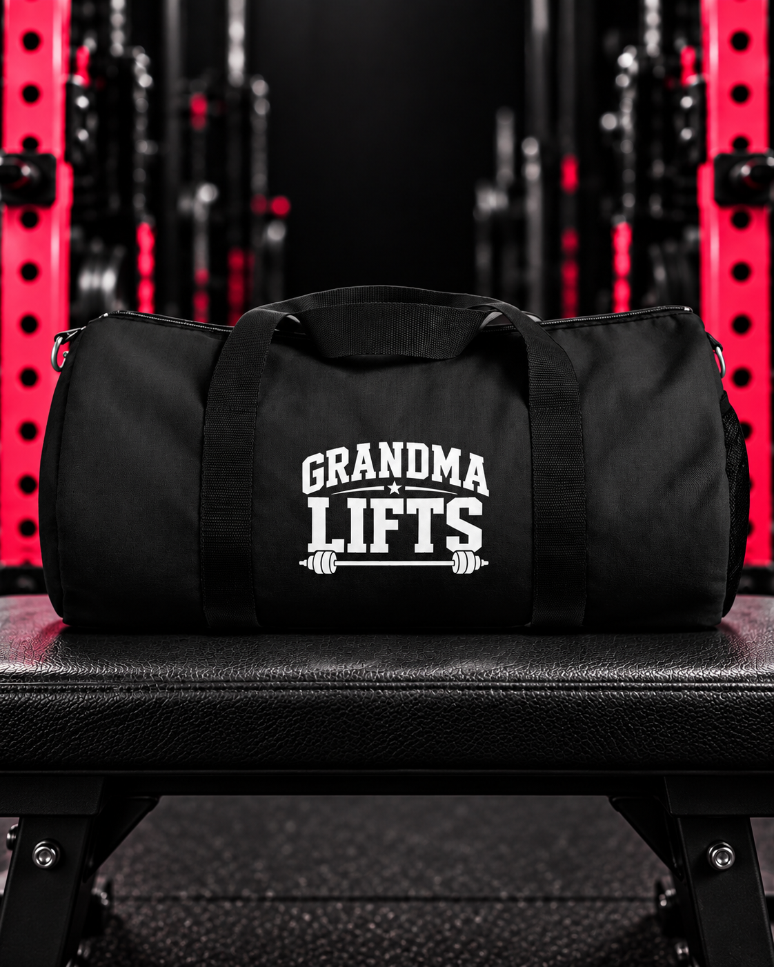 Grandma Lifts duffel in signature pink rack gym