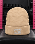 Grandma Lifts embroidered ribbed knit beanie — Beige — gym hero