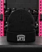 Grandma Lifts embroidered ribbed knit beanie — Black — gym hero