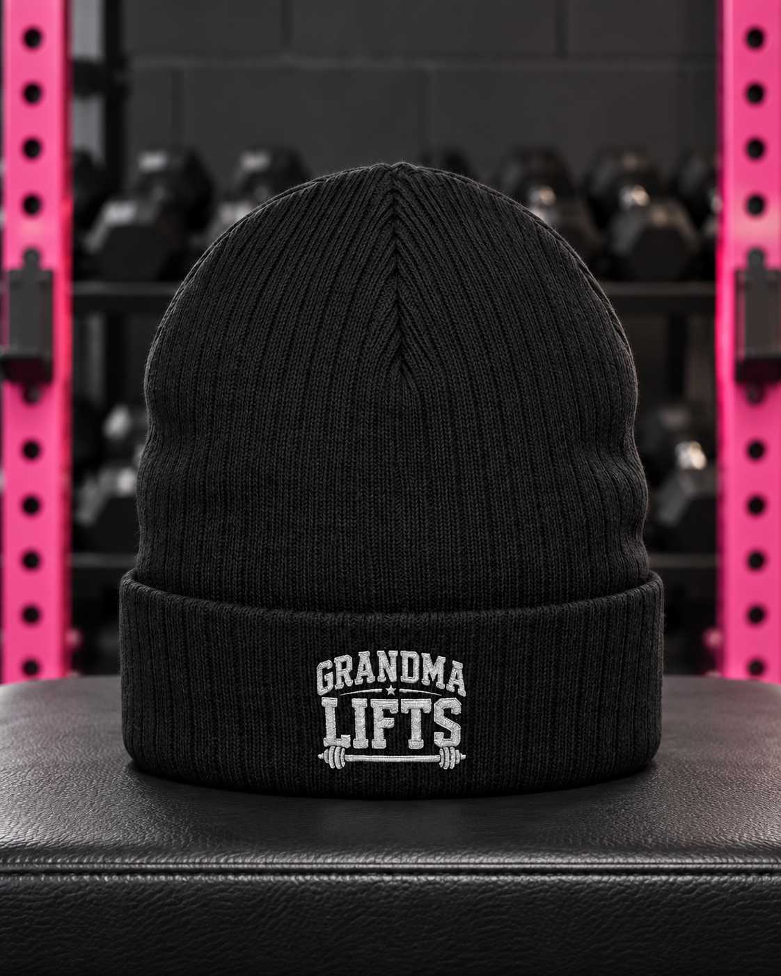Grandma Lifts embroidered ribbed knit beanie — Black — gym hero