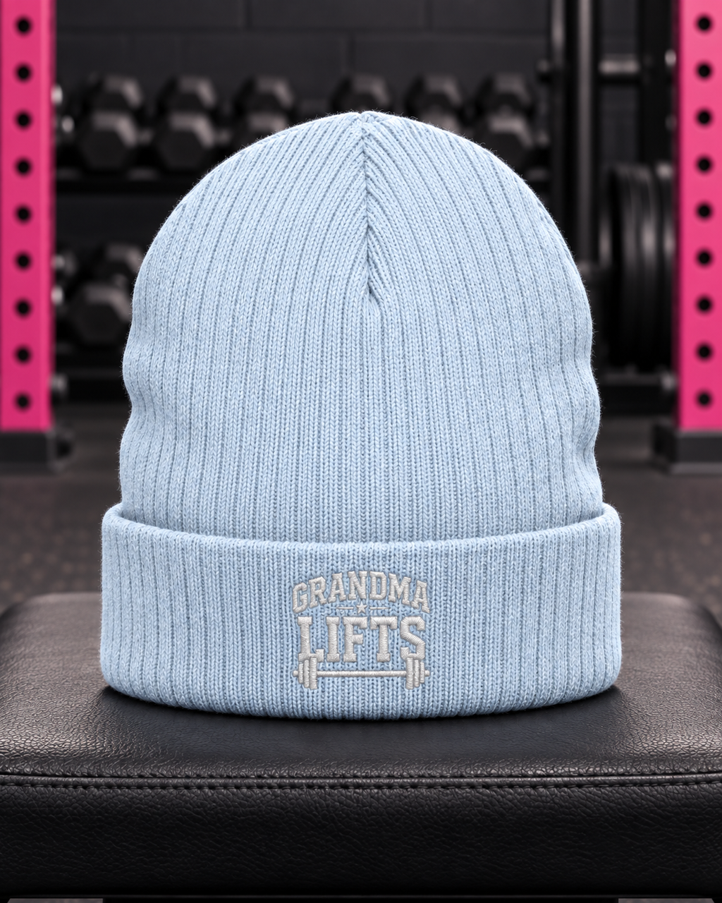 Grandma Lifts embroidered ribbed knit beanie — Light Blue — gym hero