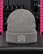 Grandma Lifts embroidered ribbed knit beanie — Light Grey Melange — gym hero