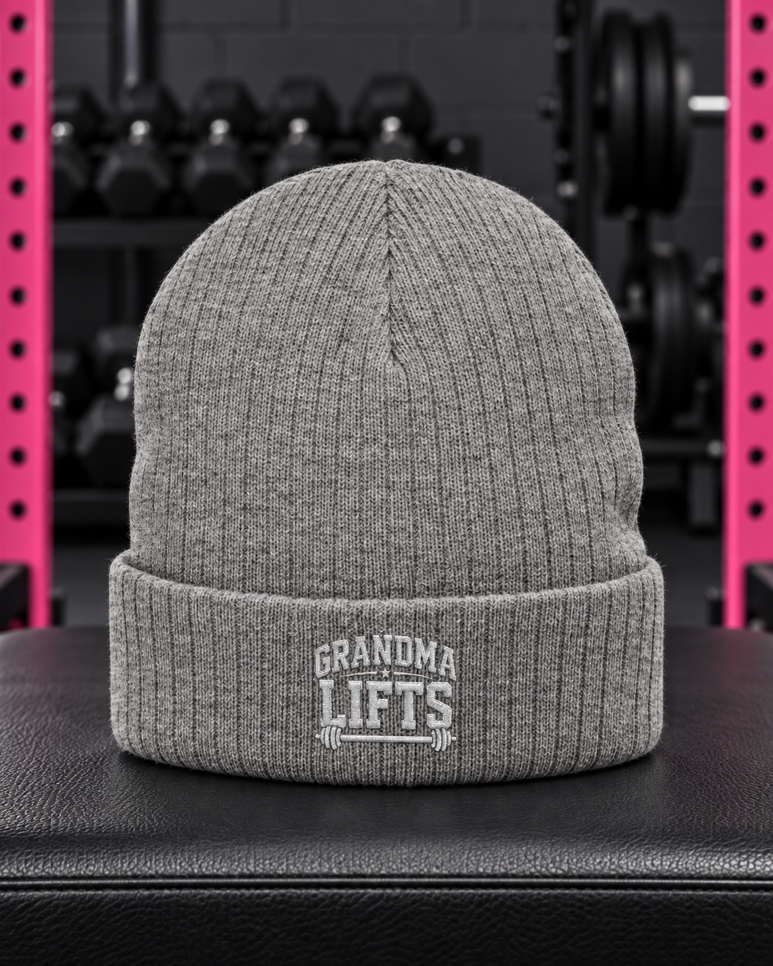 Grandma Lifts embroidered ribbed knit beanie — Light Grey Melange — gym hero