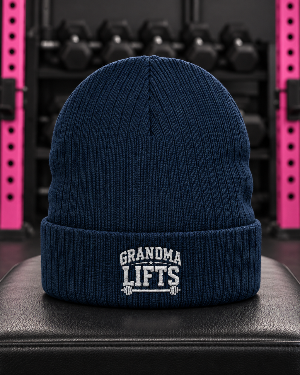 Grandma Lifts embroidered ribbed knit beanie — Navy — gym hero