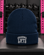 Grandma Lifts embroidered ribbed knit beanie — Navy — gym hero
