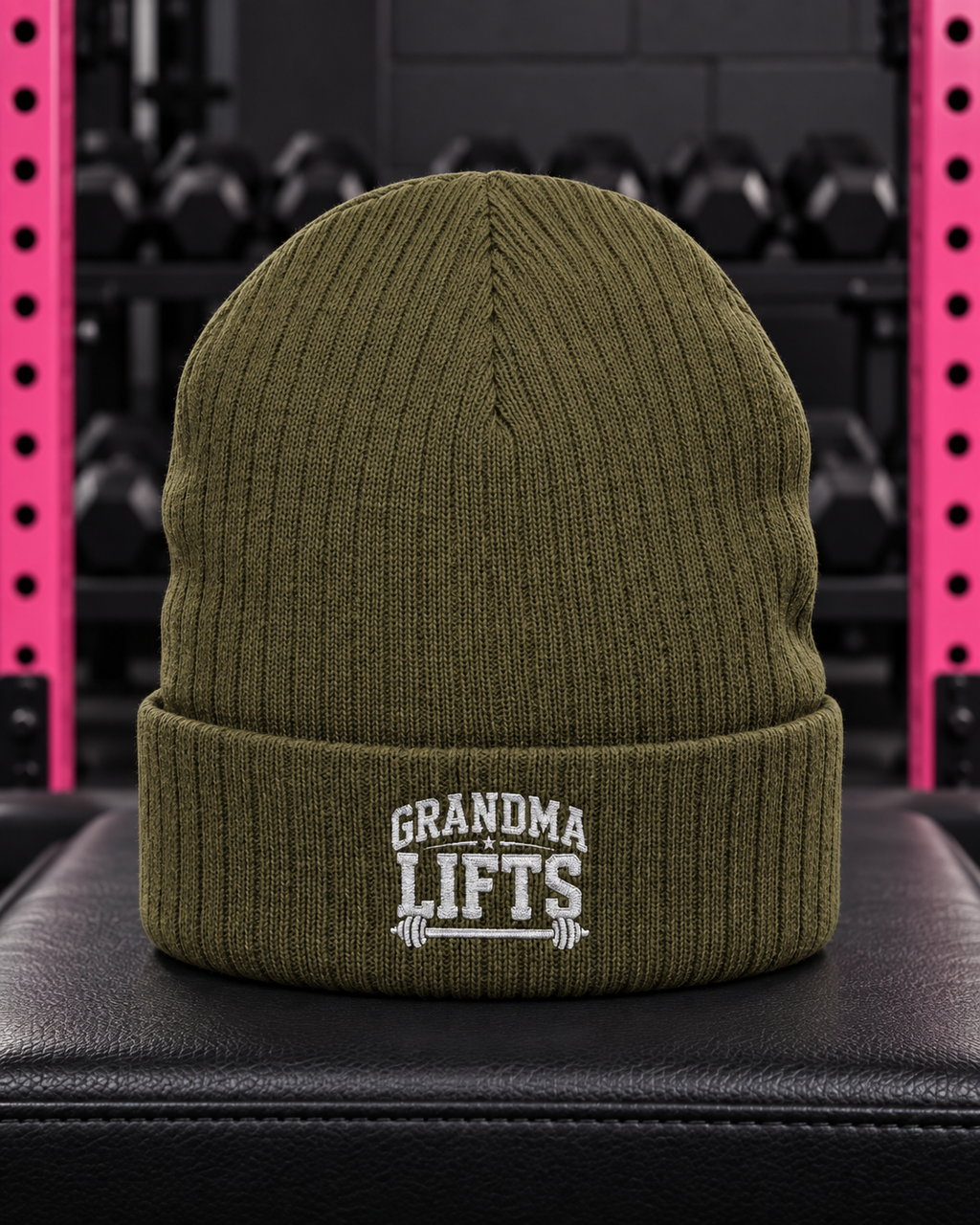Grandma Lifts embroidered ribbed knit beanie — Olive — gym hero