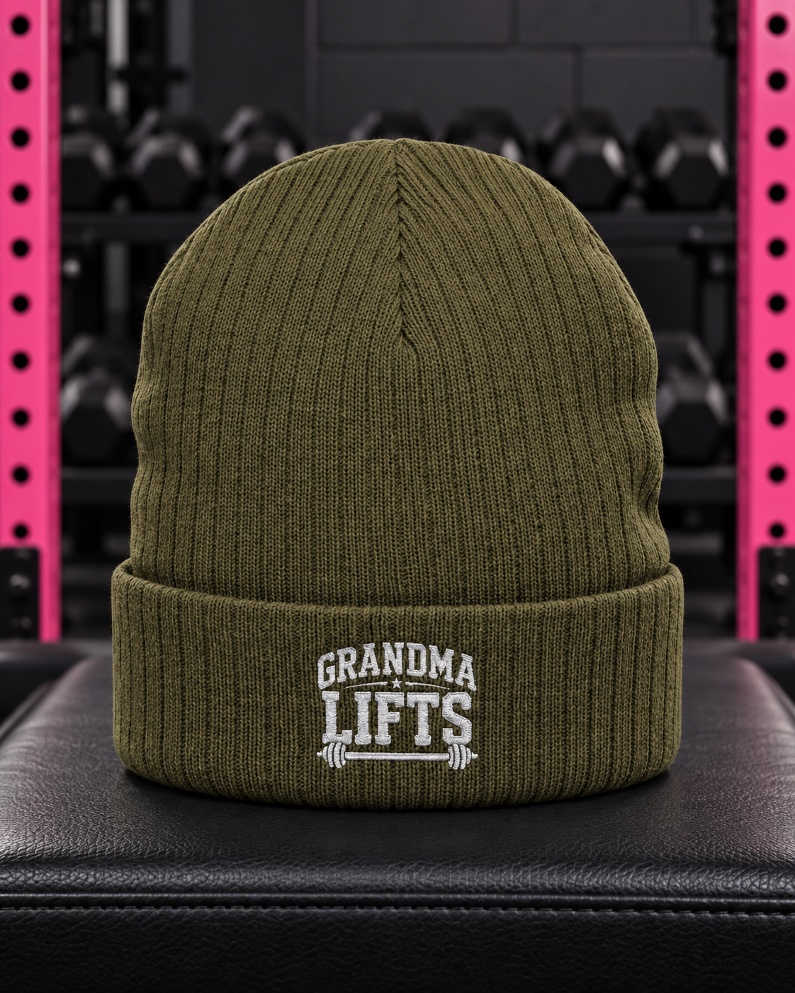 Grandma Lifts embroidered ribbed knit beanie — Olive — gym hero