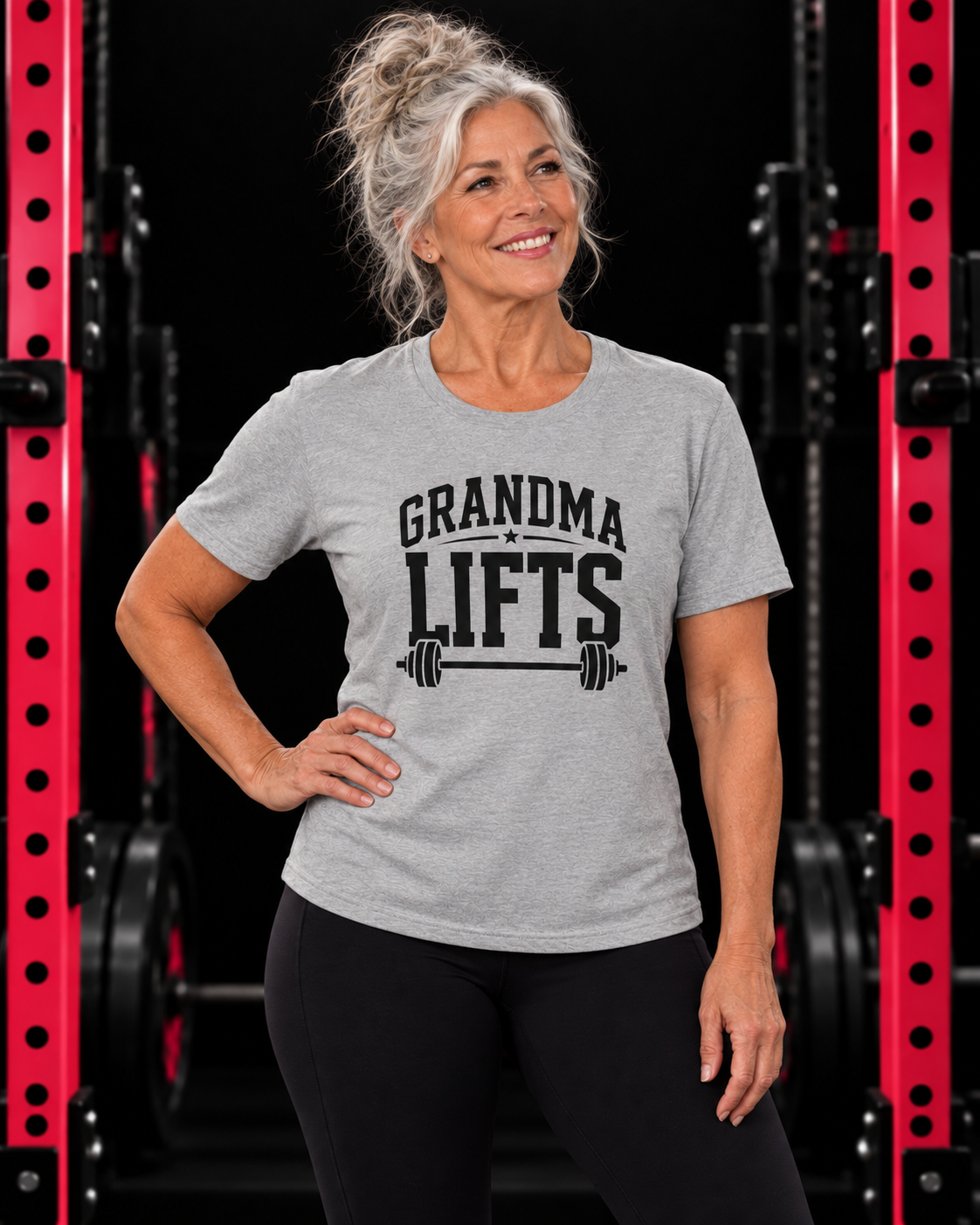 Grandma Lifts black front logo sport grey tee on a mature woman in the gym