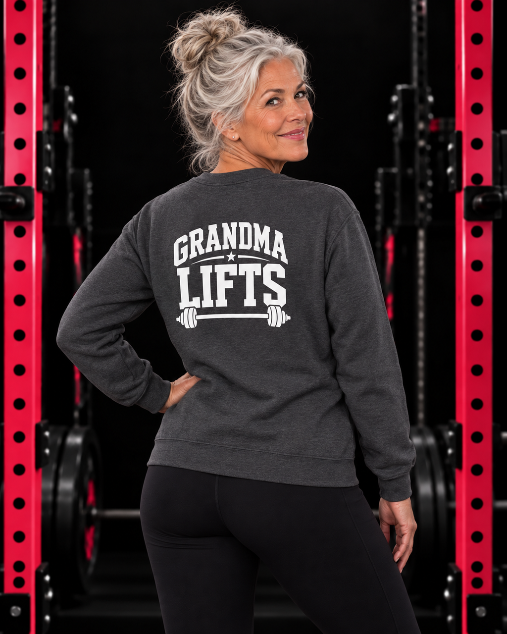 Grandma Lifts dark heather crewneck on a mature woman in the gym