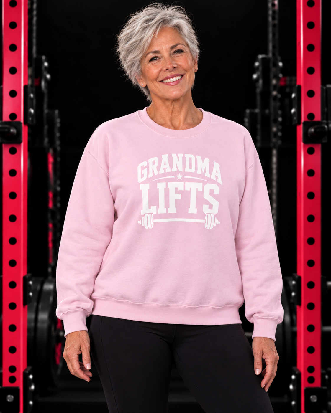 Grandma Lifts light pink crewneck on a mature woman in the gym