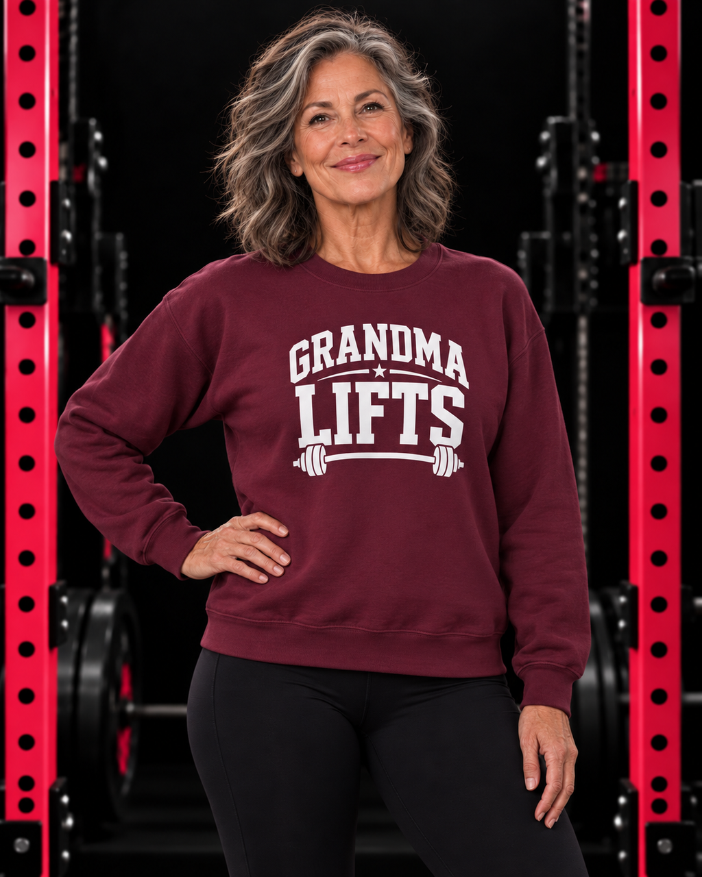 Grandma Lifts maroon crewneck on a mature woman in the gym