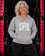 Grandma Lifts sport grey hoodie on a mature woman in the gym