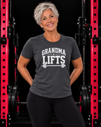 Grandma Lifts dark heather unisex tee on a mature woman in the gym