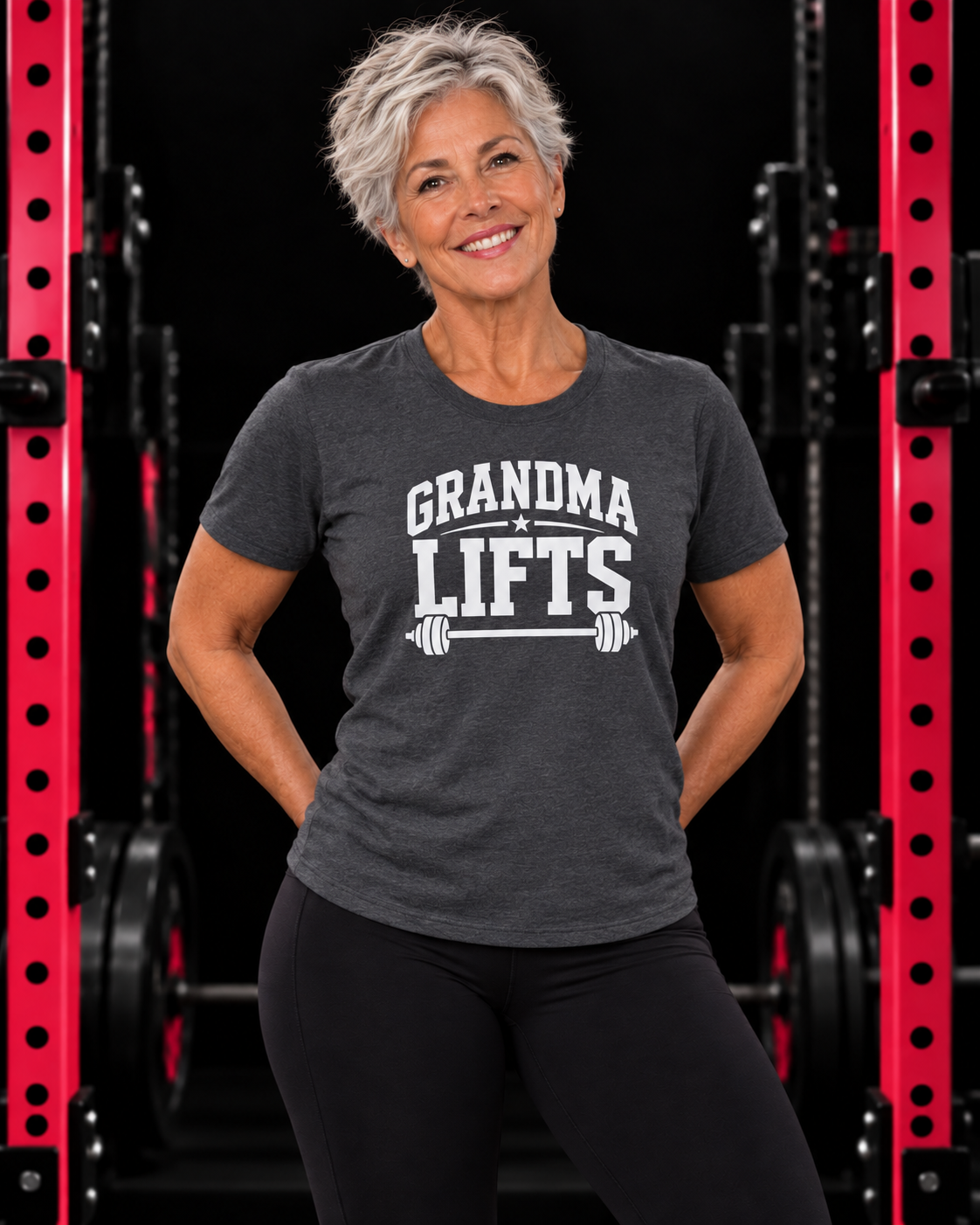 Grandma Lifts dark heather unisex tee on a mature woman in the gym