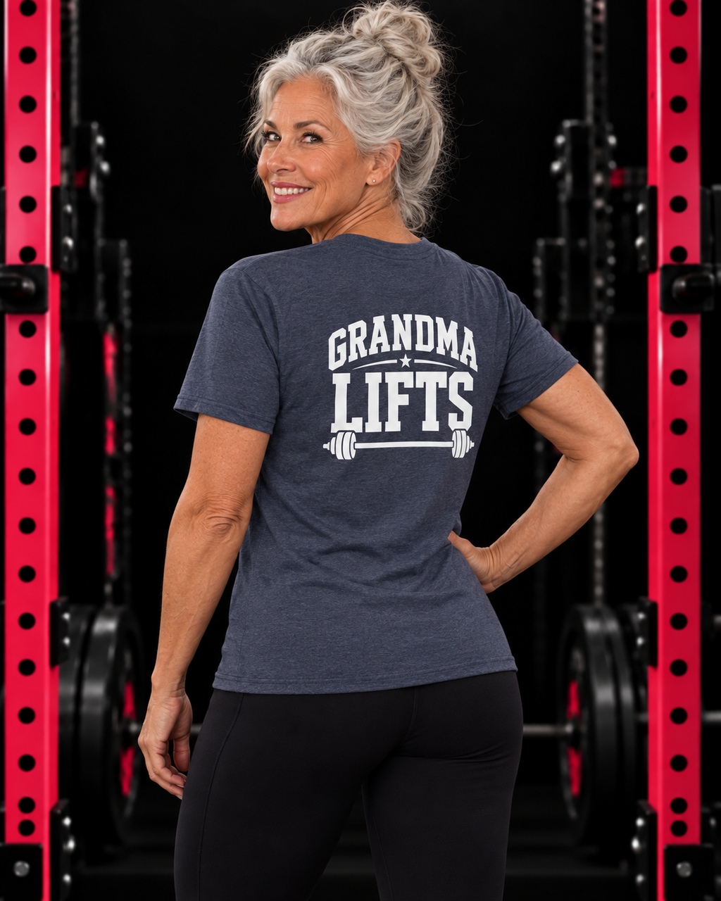 Grandma Lifts heather navy unisex tee on a mature woman in the gym