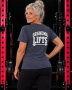 Grandma Lifts heather navy unisex tee on a mature woman in the gym