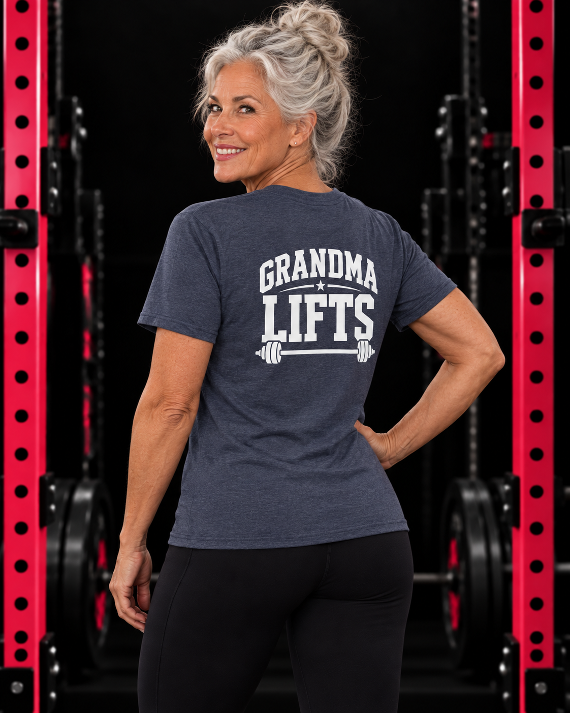 Grandma Lifts heather navy unisex tee on a mature woman in the gym
