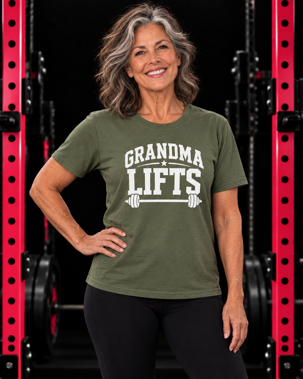 Grandma Lifts military green unisex tee on a mature woman in the gym