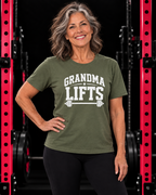 Grandma Lifts military green unisex tee on a mature woman in the gym
