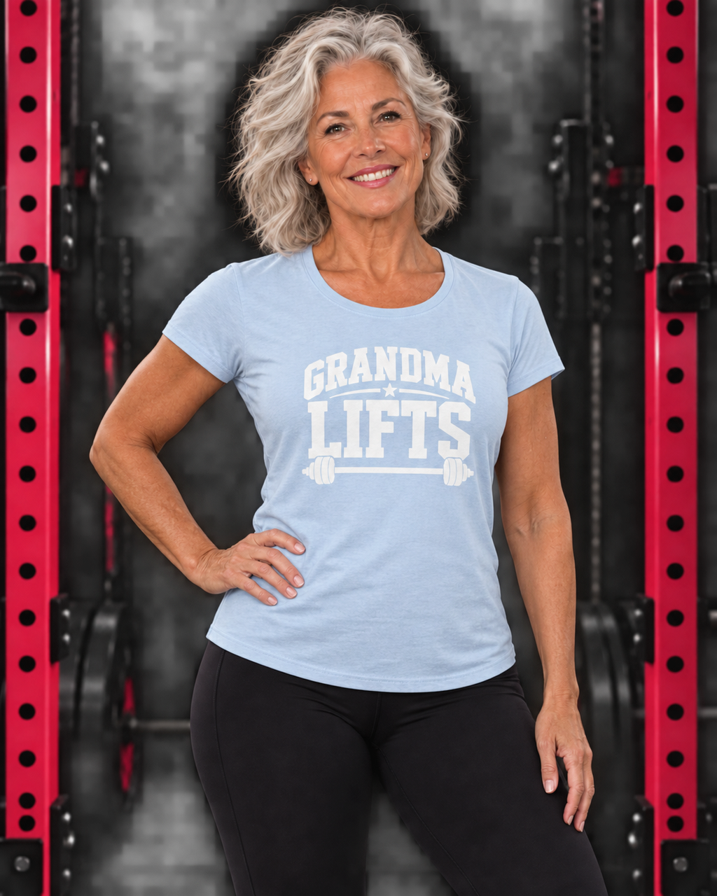 Grandma Lifts light blue women's tee on a mature woman in the gym