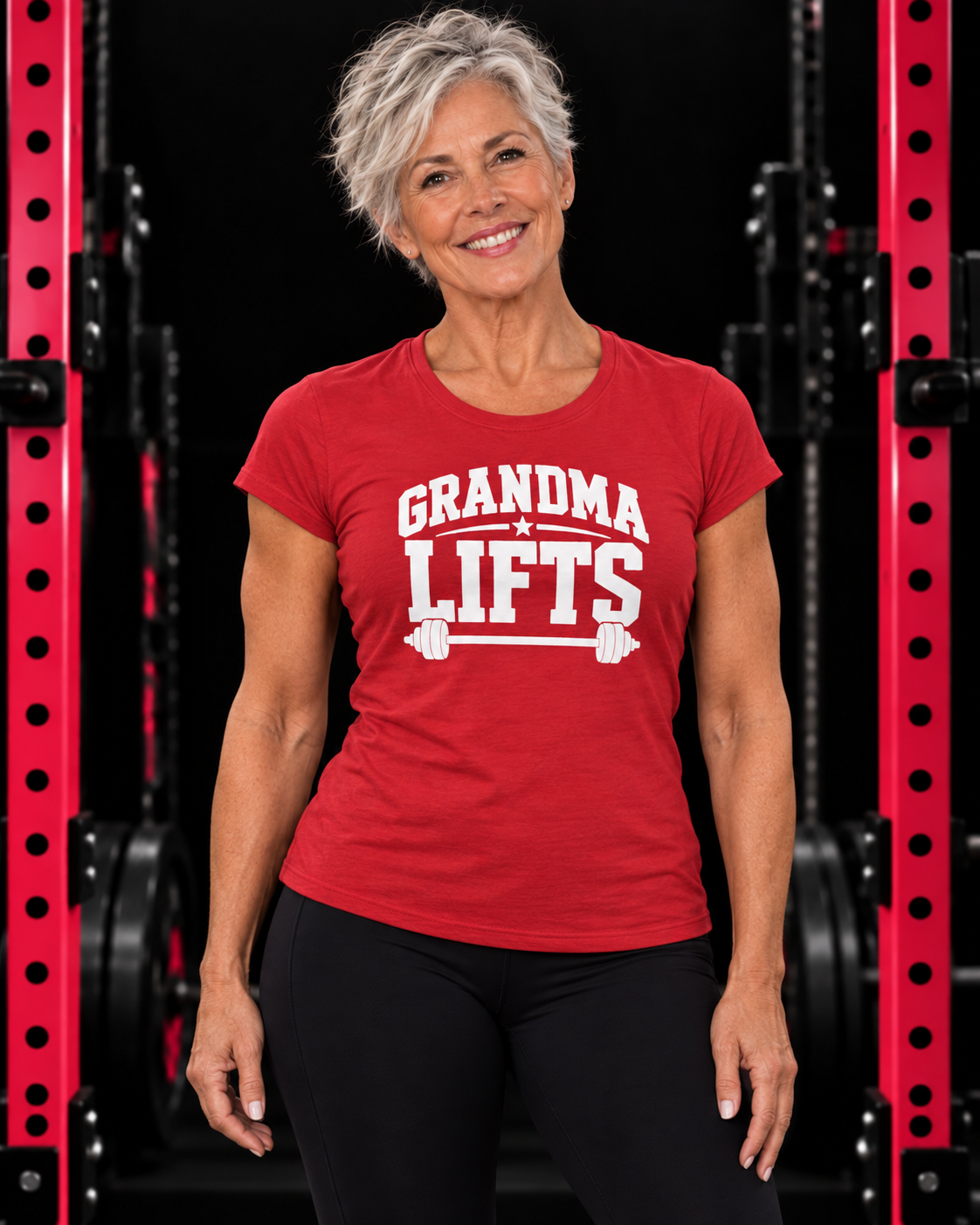 Grandma Lifts red women's tee on a mature woman in the gym