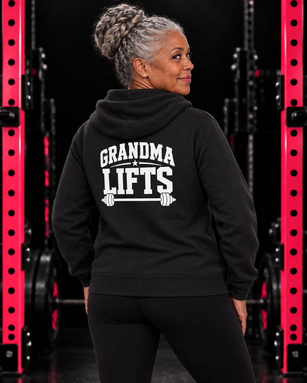 Grandma Lifts white back logo black full zip hoodie on mature woman