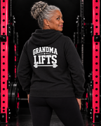 Grandma Lifts white back logo black full zip hoodie on mature woman