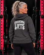Grandma Lifts white back logo dark-heather full zip hoodie on mature woman