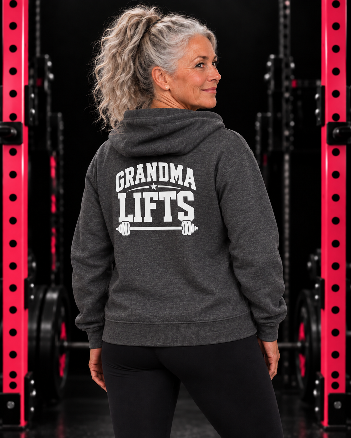 Grandma Lifts white back logo dark-heather full zip hoodie on mature woman