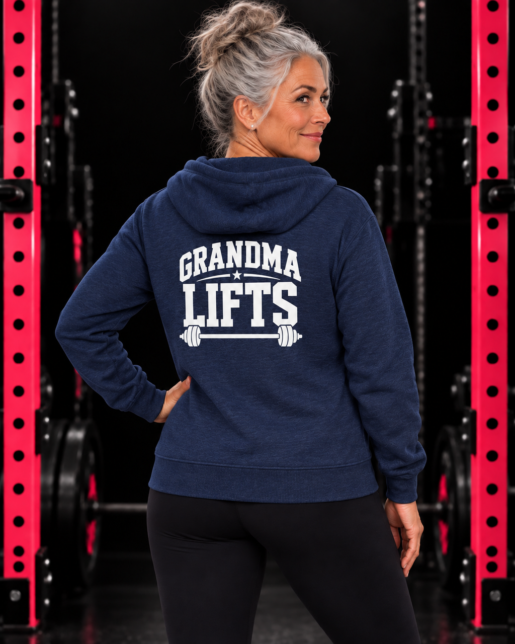Grandma Lifts white back logo navy full zip hoodie on mature woman