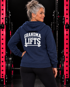 Grandma Lifts white back logo navy full zip hoodie on mature woman