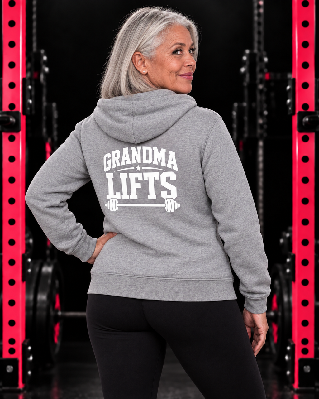 Grandma Lifts white back logo sport-grey full zip hoodie on mature woman
