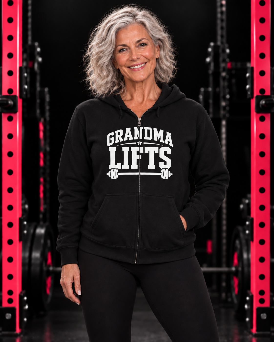 Grandma Lifts white front logo black full zip hoodie on mature woman in black gym with pink racks