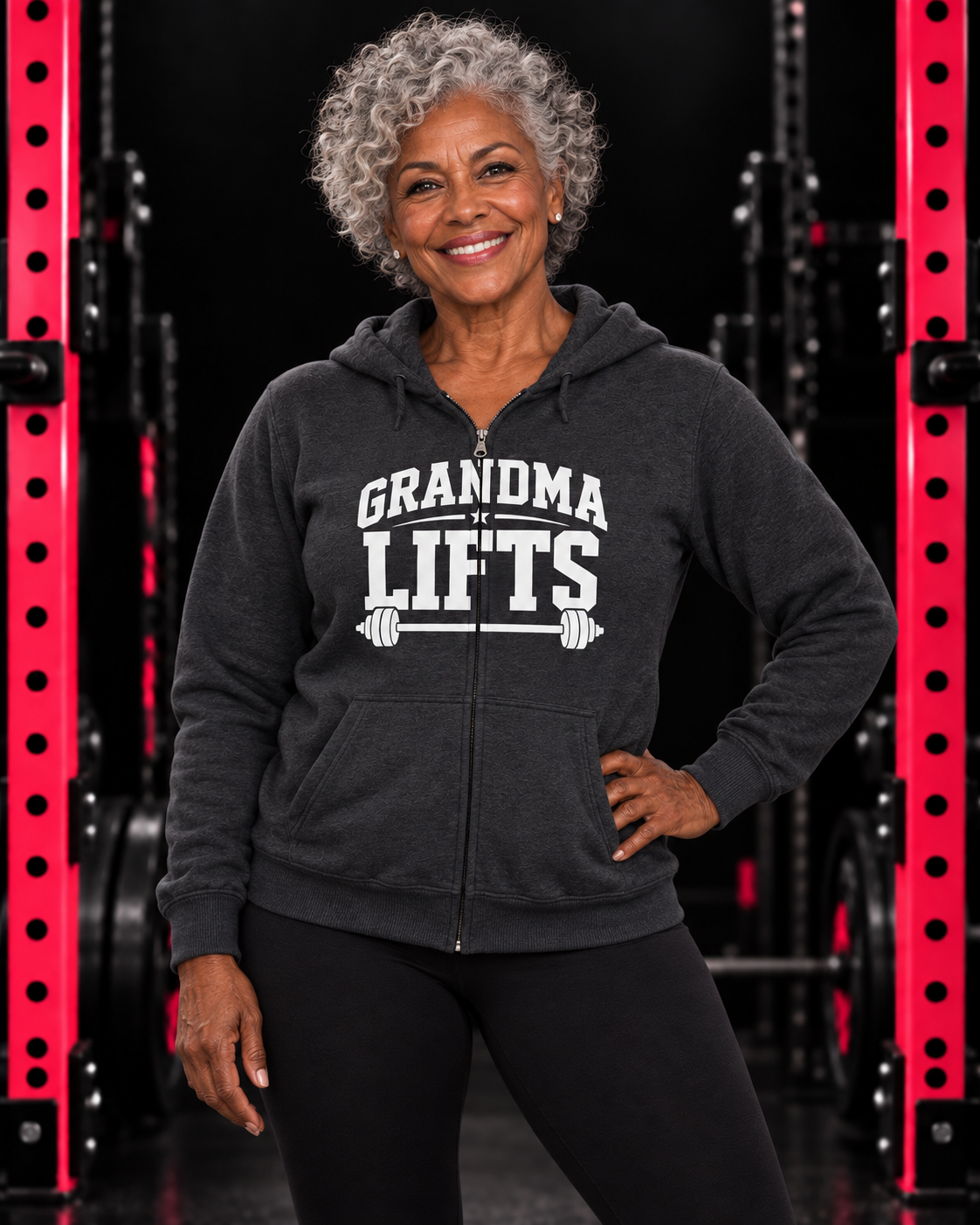 Grandma Lifts white front logo dark-heather full zip hoodie on mature woman in black gym with pink racks